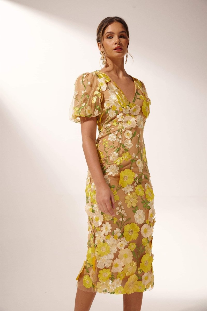 Sally Midikleid mit V-Ausschnitt und Blumenmuster