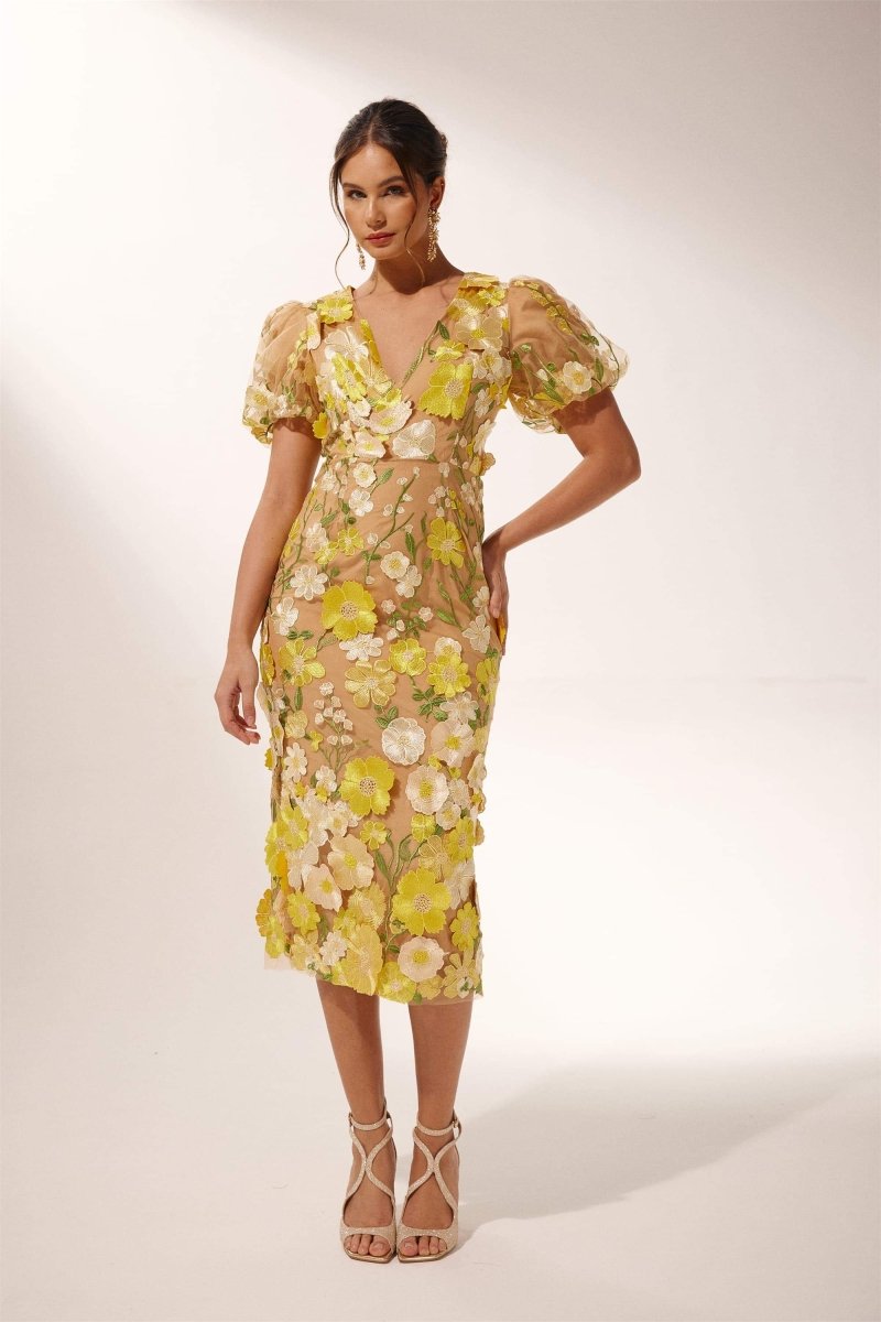 Sally Midikleid mit V-Ausschnitt und Blumenmuster
