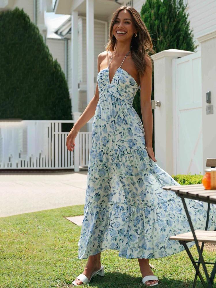 Sue – Robe d'été longue dos nu à imprimé floral