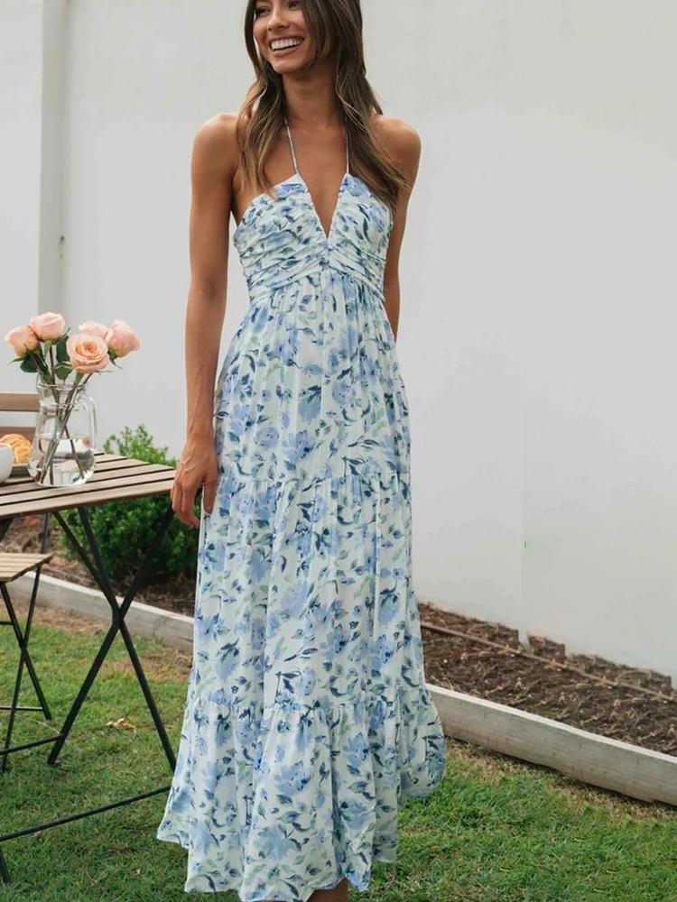 Sue – Robe d'été longue dos nu à imprimé floral