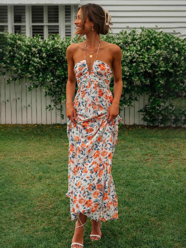Sue – Robe d'été longue dos nu à imprimé floral