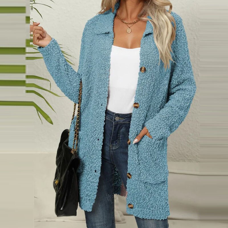 Lange Strickjacke aus weichem Teddybär mit Taschen