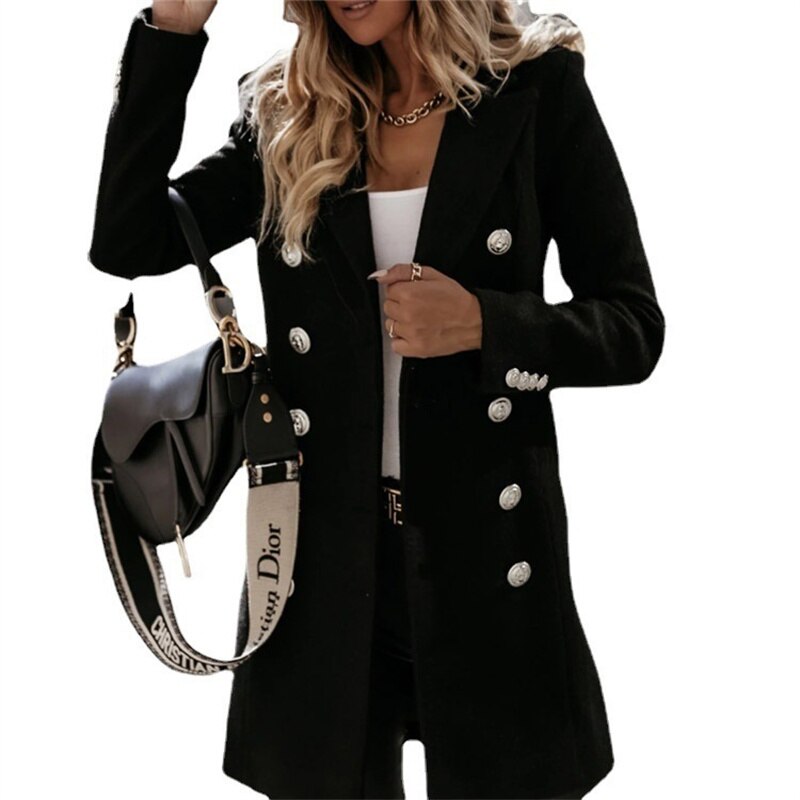 manteau en laine | Trench-coat long élégant aspect laine avec boutons