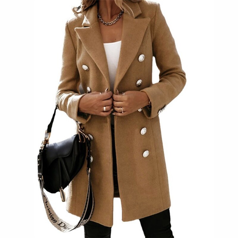 manteau en laine | Trench-coat long élégant aspect laine avec boutons