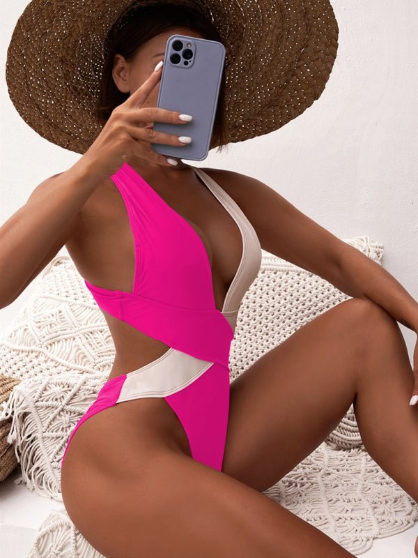 Maillot de bain une pièce bicolore pour femme avec décolleté plongeant