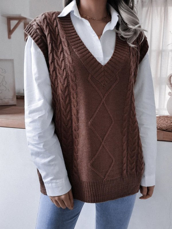 Lässiger, locker gestrickter Weste-Pullover für Damen mit V-Ausschnitt und frittiertem Teig