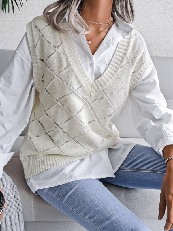 Damen-Pullover mit V-Ausschnitt, hohler Diamant, lässiger Strickweste