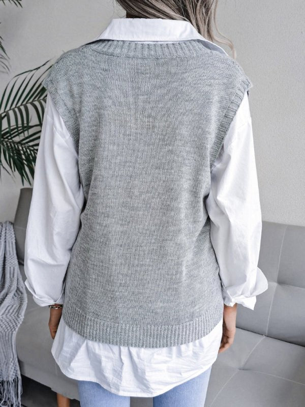 Damen-Pullover mit V-Ausschnitt, hohler Diamant, lässiger Strickweste