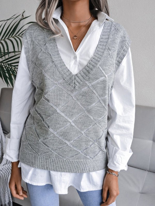 Damen-Pullover mit V-Ausschnitt, hohler Diamant, lässiger Strickweste