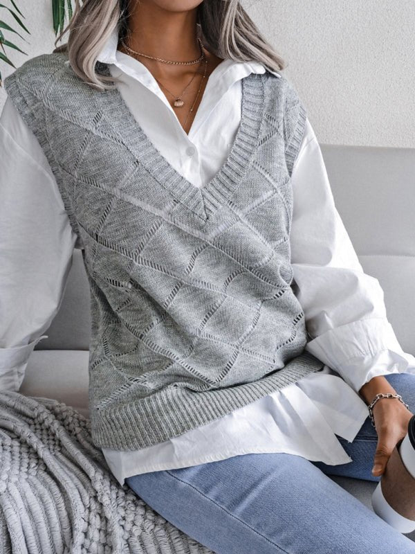 Damen-Pullover mit V-Ausschnitt, hohler Diamant, lässiger Strickweste