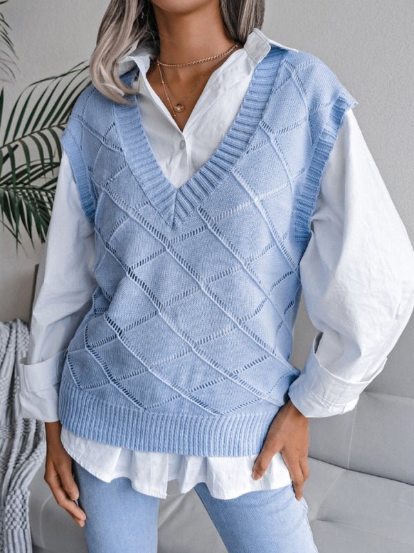 Damen-Pullover mit V-Ausschnitt, hohler Diamant, lässiger Strickweste
