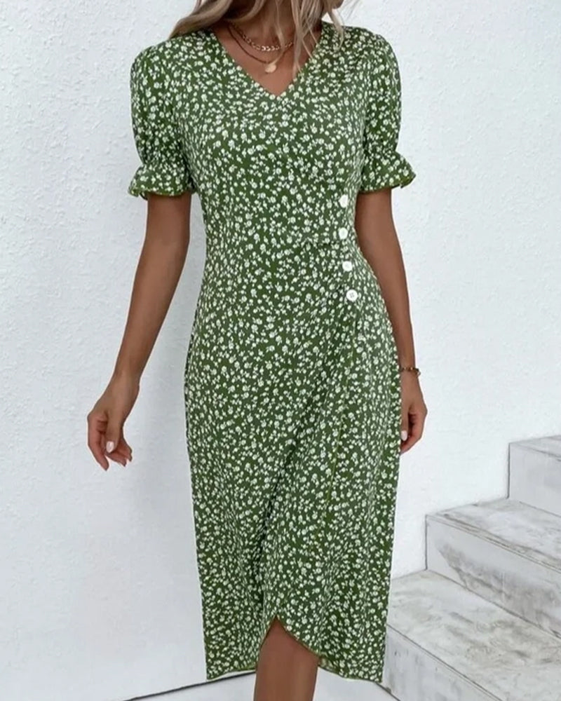 Gaye - Kleid mit Blumenmuster, kurzen Ärmeln und Knöpfen