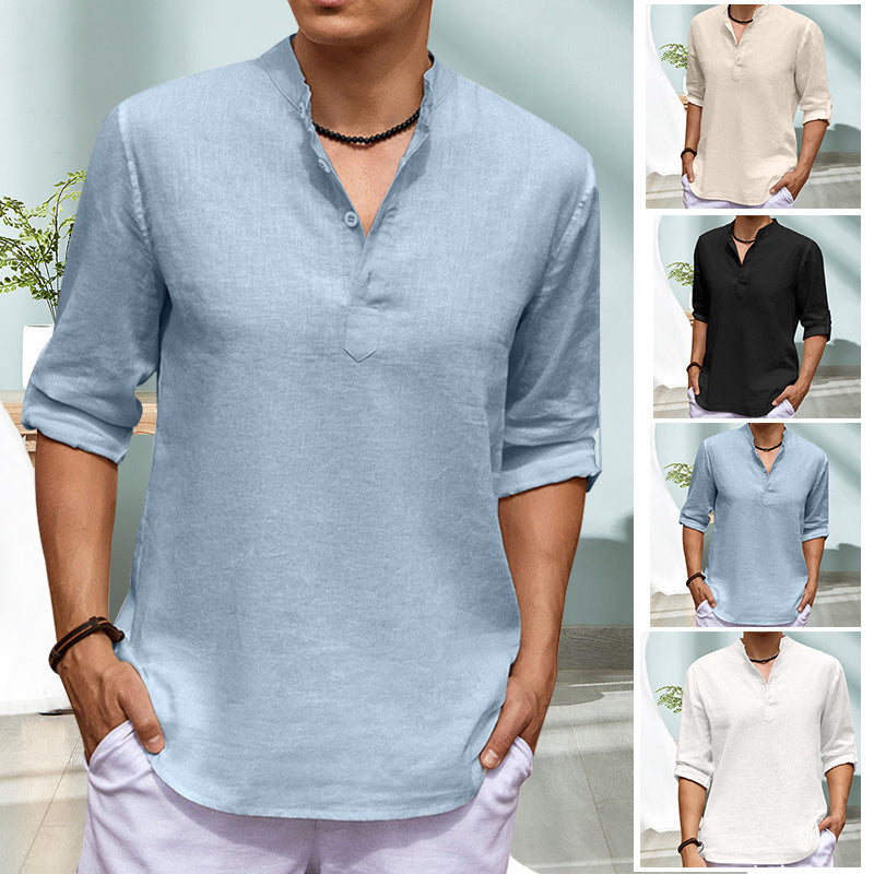 Chemise décontractée à manches longues de couleur unie avec col montant