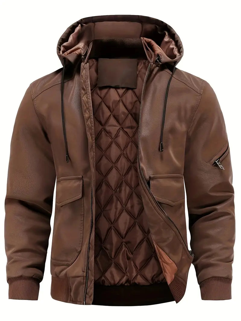 Jan – Veste d'hiver imperméable et coupe-vent en cuir PU pour homme avec capuche
