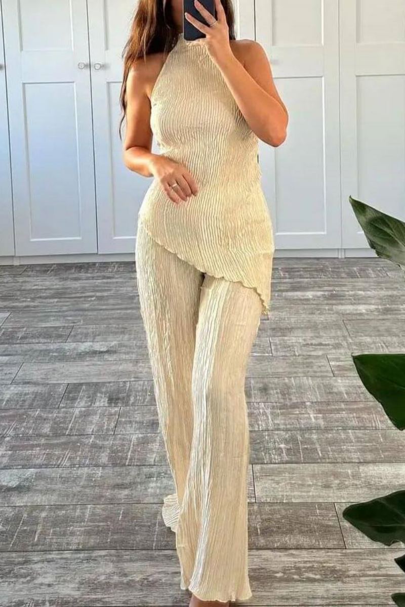 Ärmelloser Neckholder-Top mit hoher Taille, lässiger Hosenanzug mit weitem Bein
