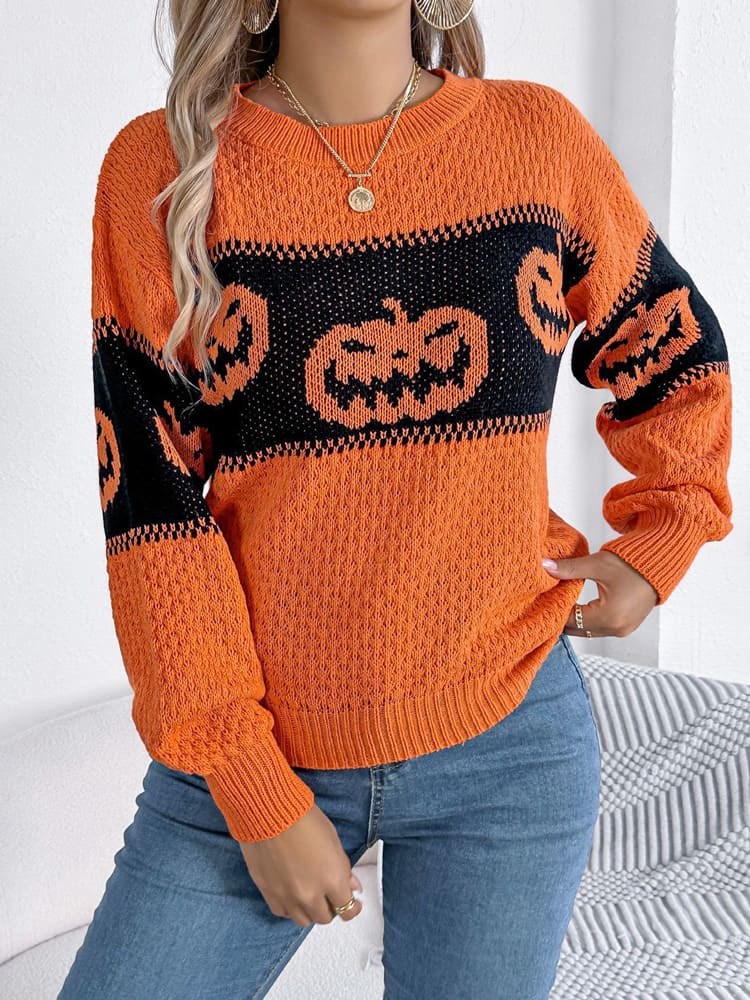 Pull en tricot à col rond et blocs de couleurs à tête de citrouille d'Halloween 