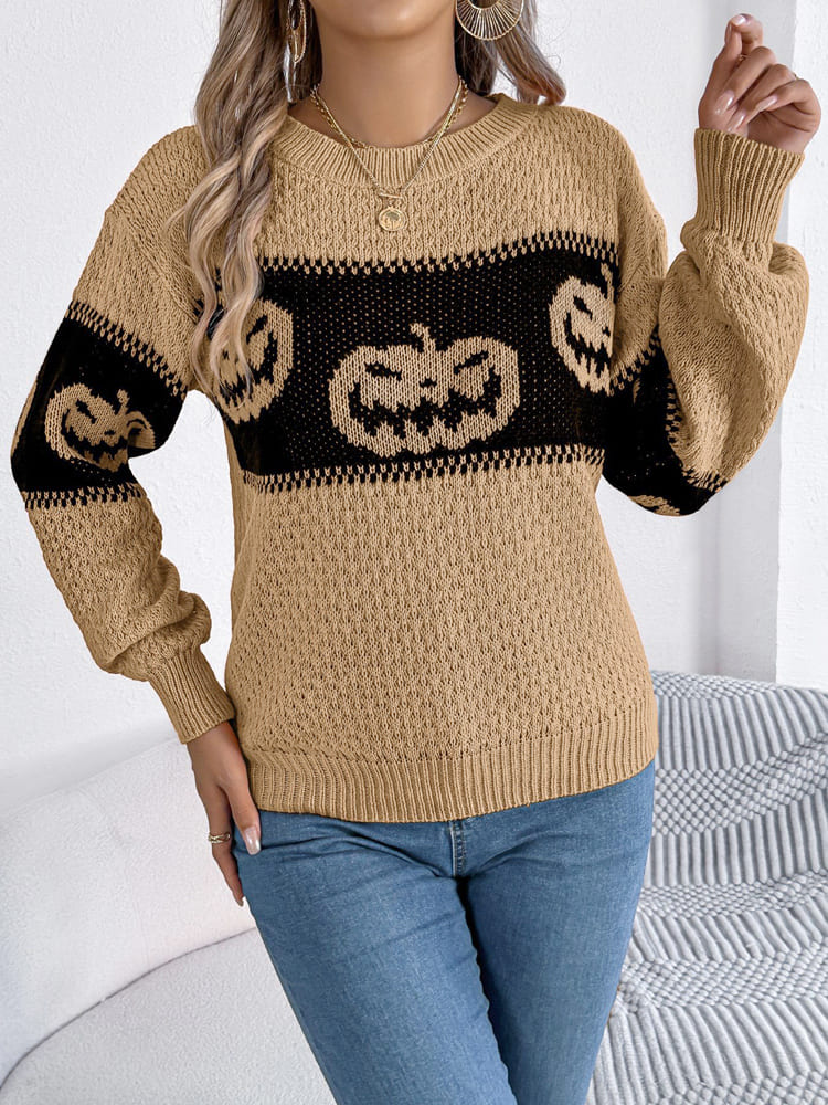 Pull en tricot à col rond et blocs de couleurs à tête de citrouille d'Halloween 