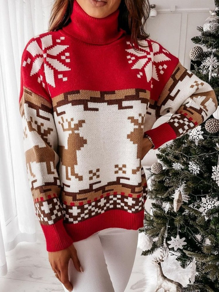 Pull tricoté avec motif renne et flocon de neige brodé 
