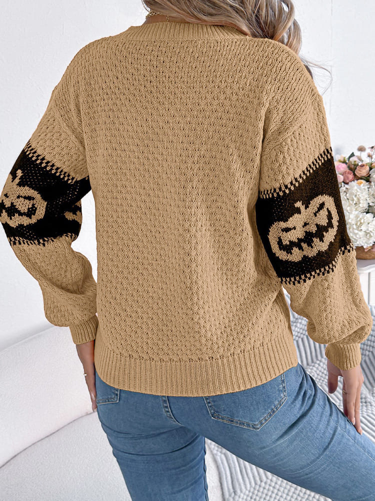 Pull en tricot à col rond et blocs de couleurs à tête de citrouille d'Halloween 