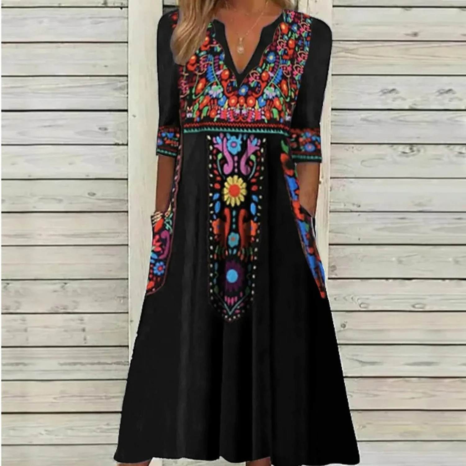Sharonda - Sommerliches Blütendruck-Kleid mit V-Ausschnitt