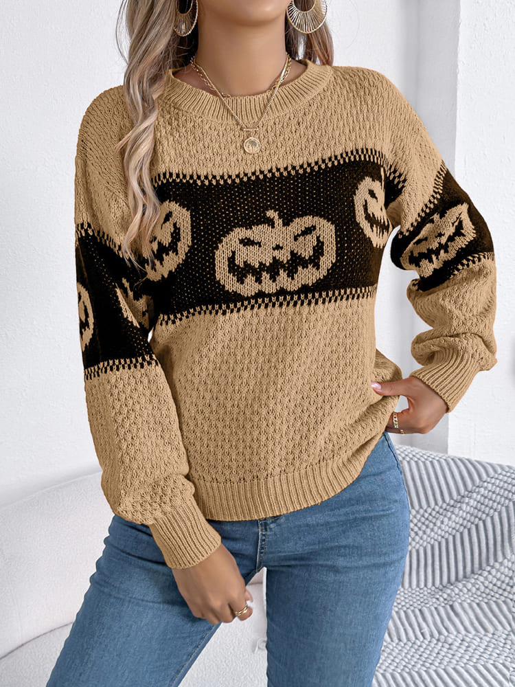 Pull en tricot à col rond et blocs de couleurs à tête de citrouille d'Halloween 