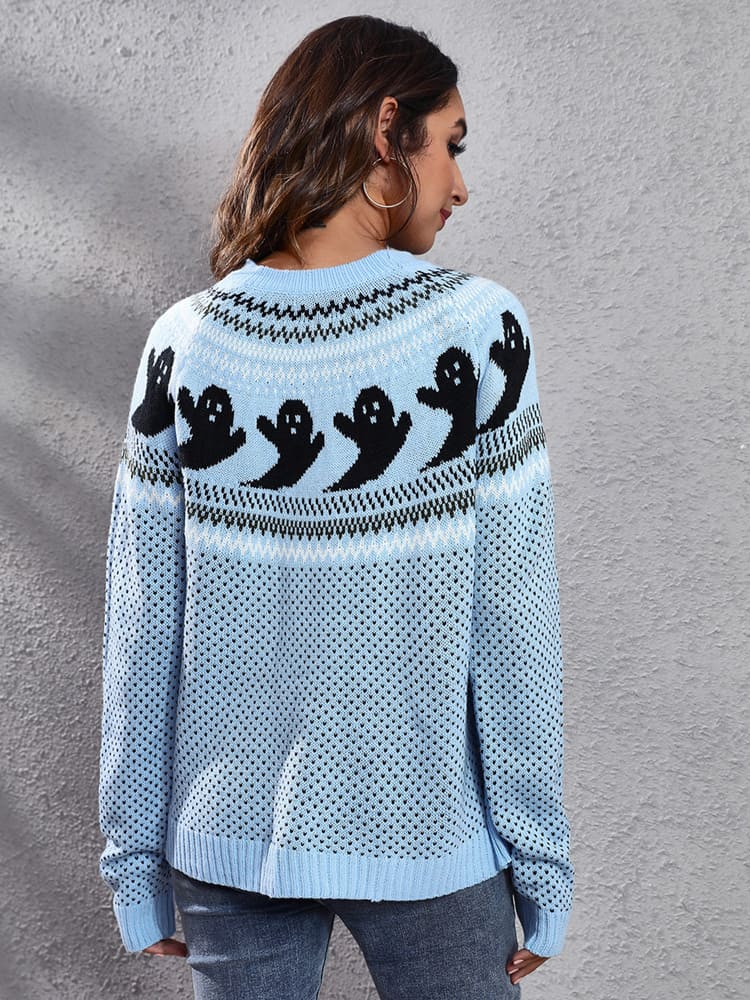 Pull col rond tricoté avec motif fantôme rétro littéraire 
