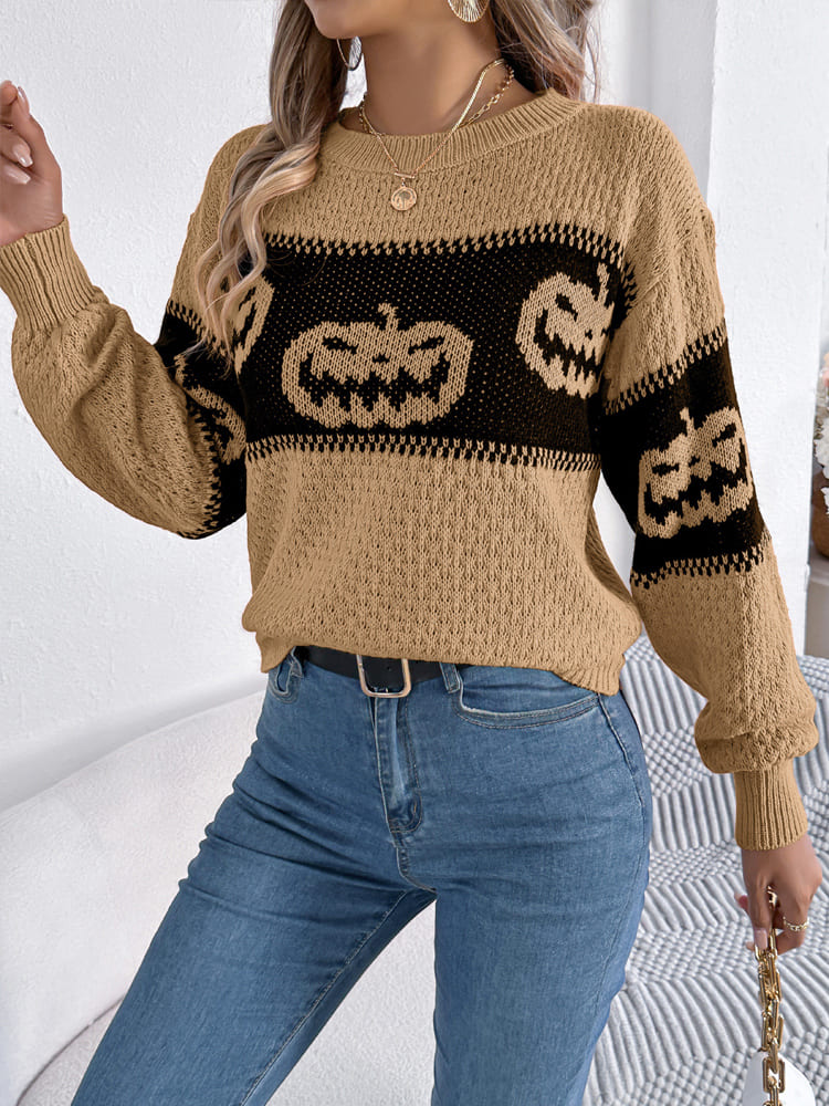 Pull en tricot à col rond et blocs de couleurs à tête de citrouille d'Halloween 