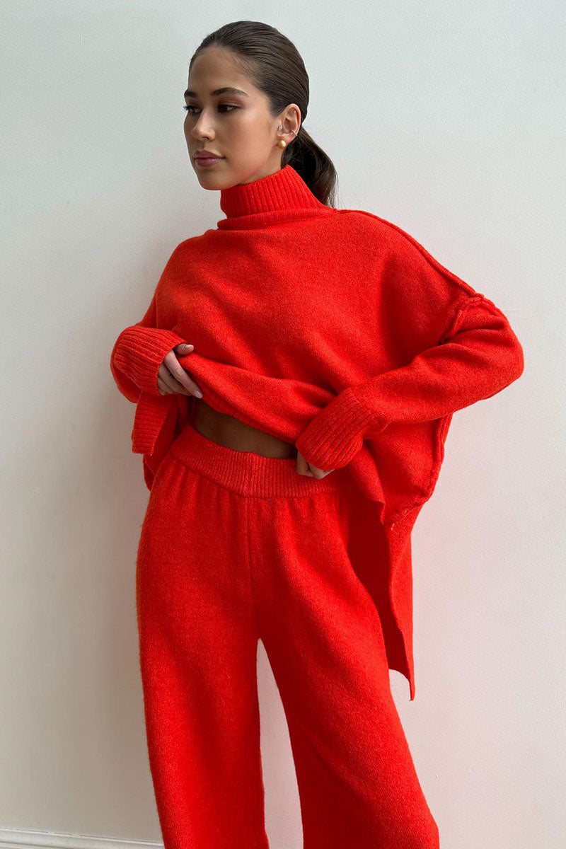 Ensemble pull à col roulé et pantalon en tricot ample