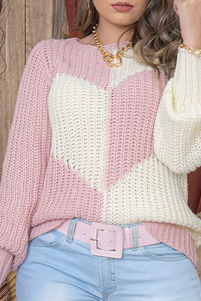 Pull patchwork décontracté à col rond et contraste