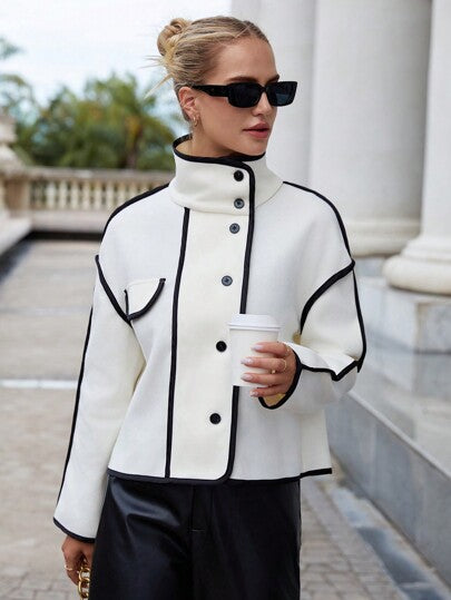 Nora | Damen-Wollmantel mit Kontrastbesatz und langen Ärmeln