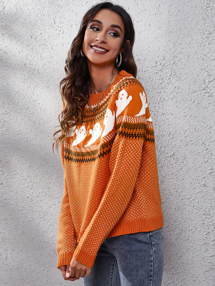 Pull col rond tricoté avec motif fantôme rétro littéraire 