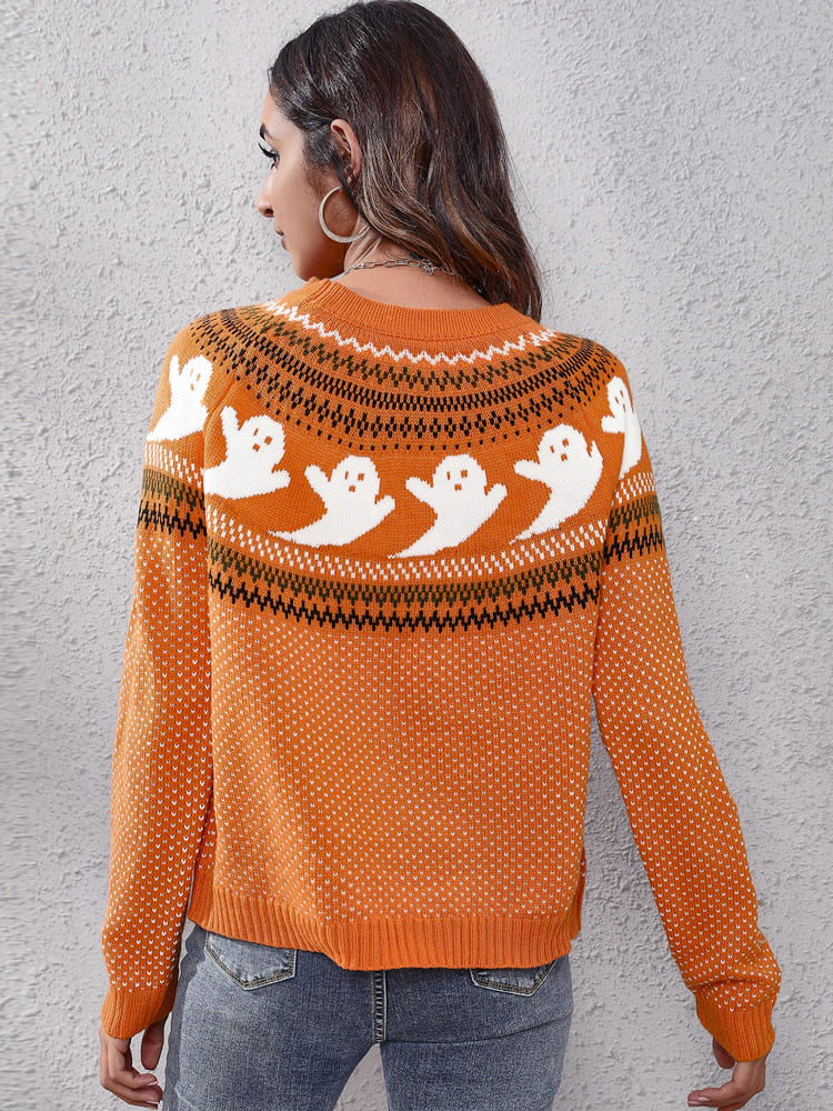 Pull col rond tricoté avec motif fantôme rétro littéraire 