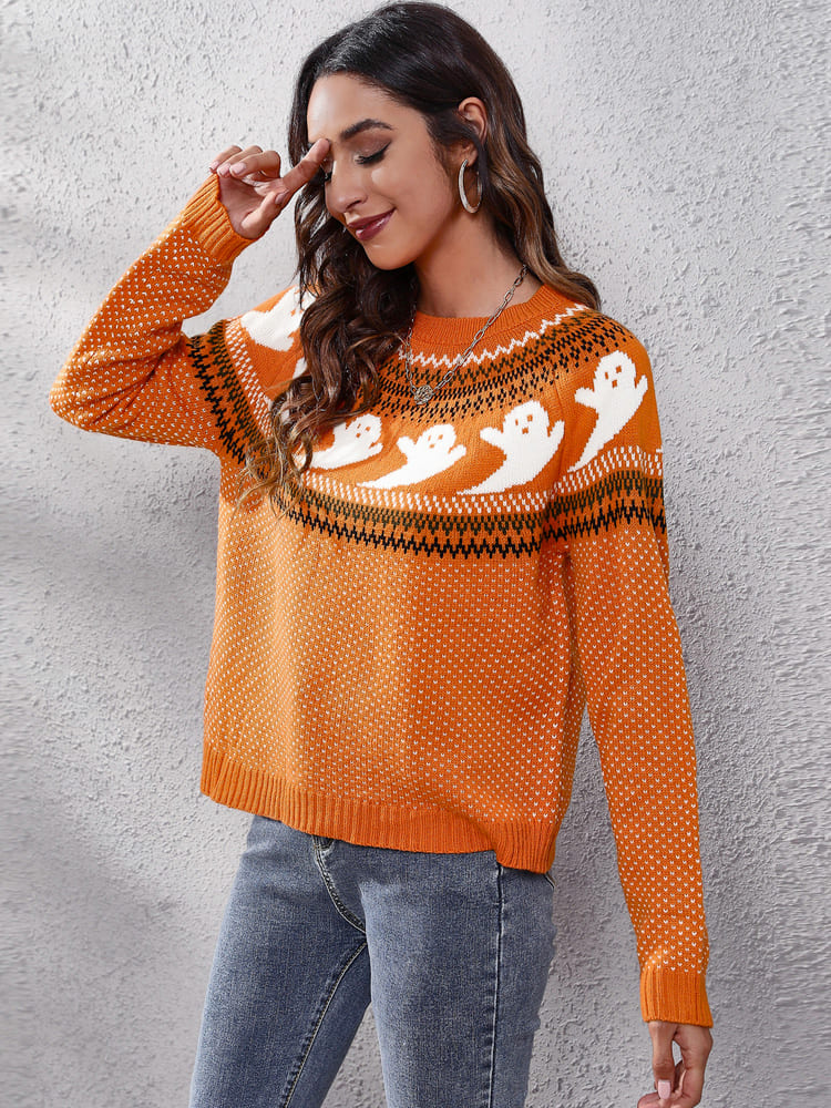 Pull col rond tricoté avec motif fantôme rétro littéraire 