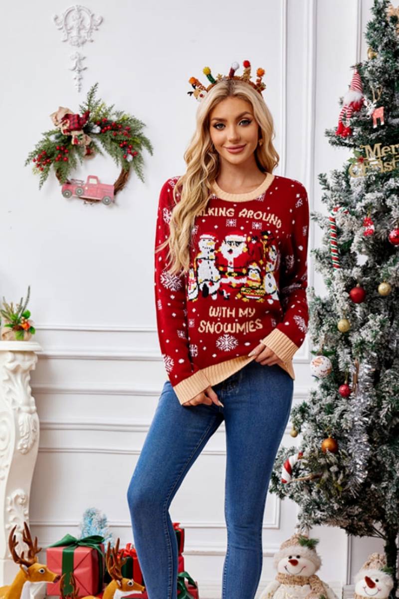 Pull décontracté à col rond brodé – Père Noël et pingouin 