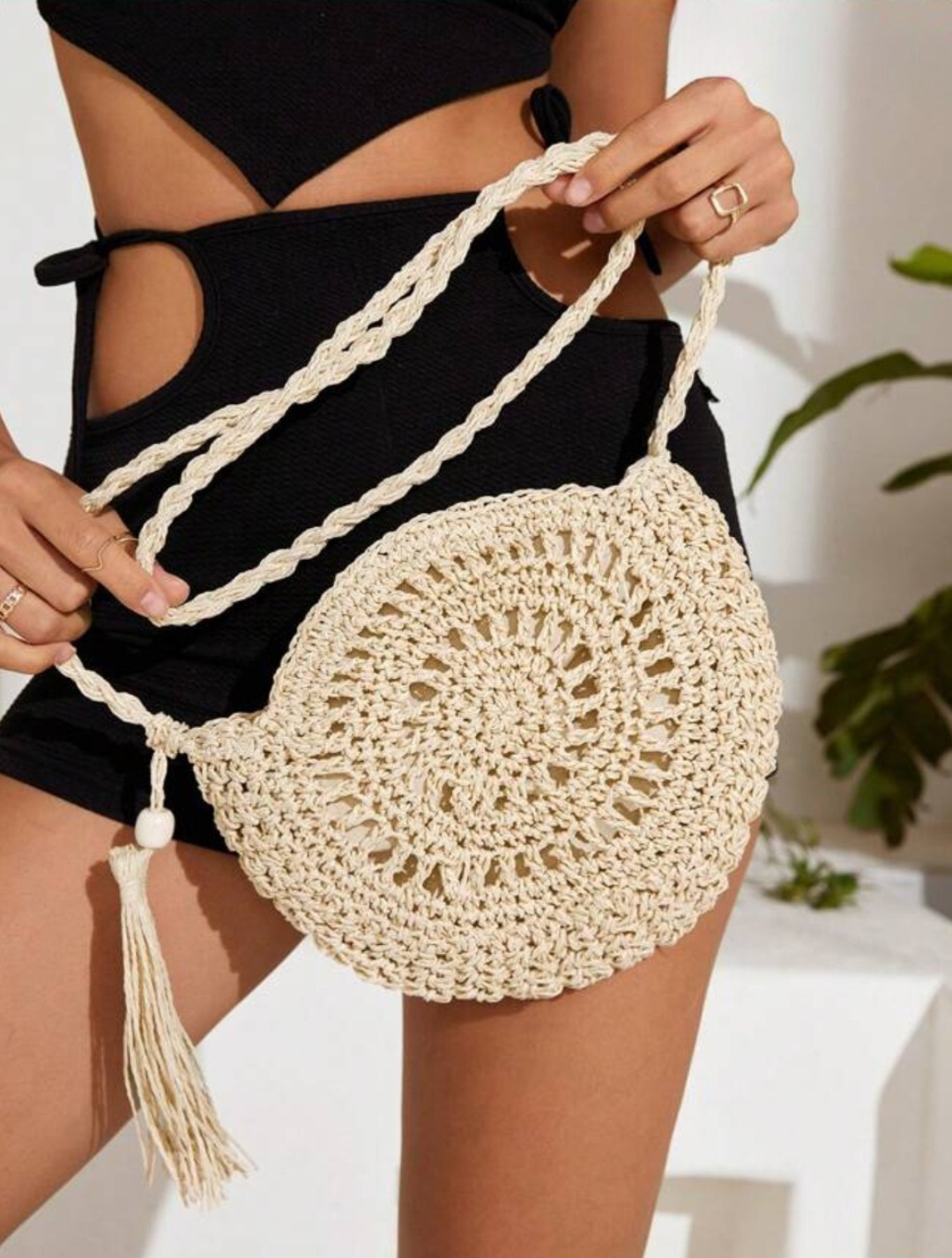 Beige Stroh Urlaub Tasche rund für Outdoor-Reisen