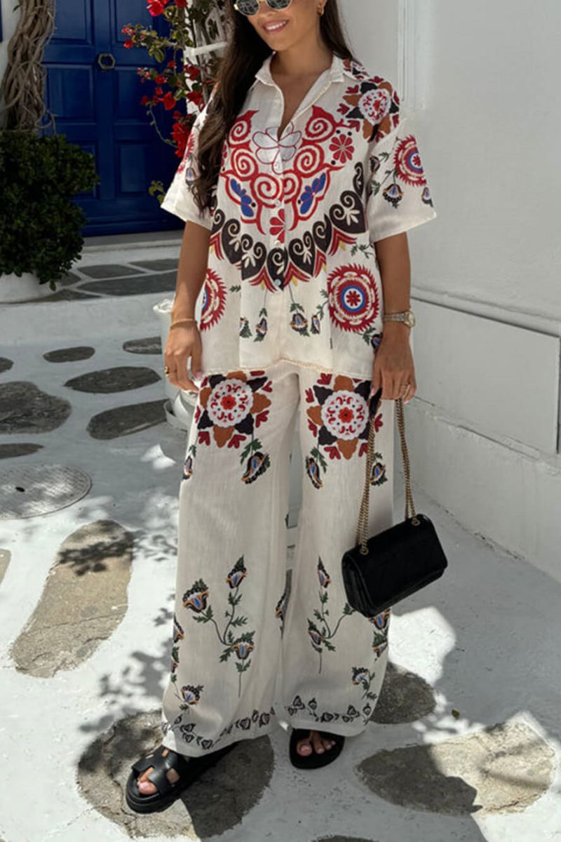 Ensemble pantalon unique et exquis avec imprimé floral ethnique, taille élastique, poche et jambe large