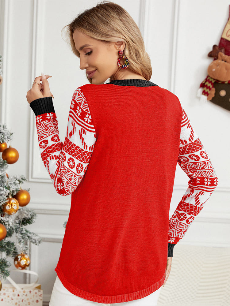 Pull de Noël à manches longues et col rond avec appliqué chat 