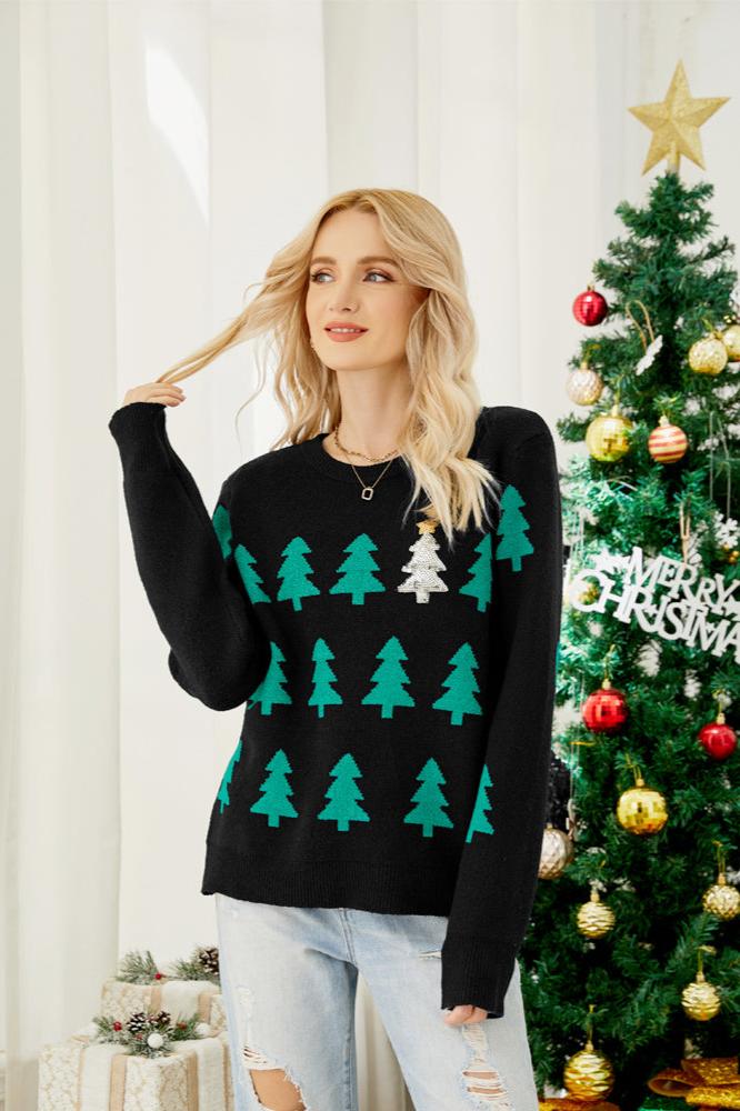 Pull tricoté avec sapin de Noël à paillettes scintillantes 
