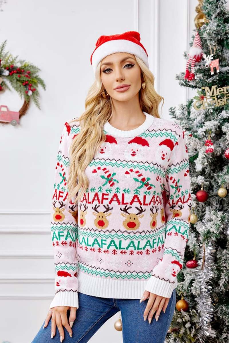 Pull ample en tricot à col rond et motif dessin animé de Noël – rose 