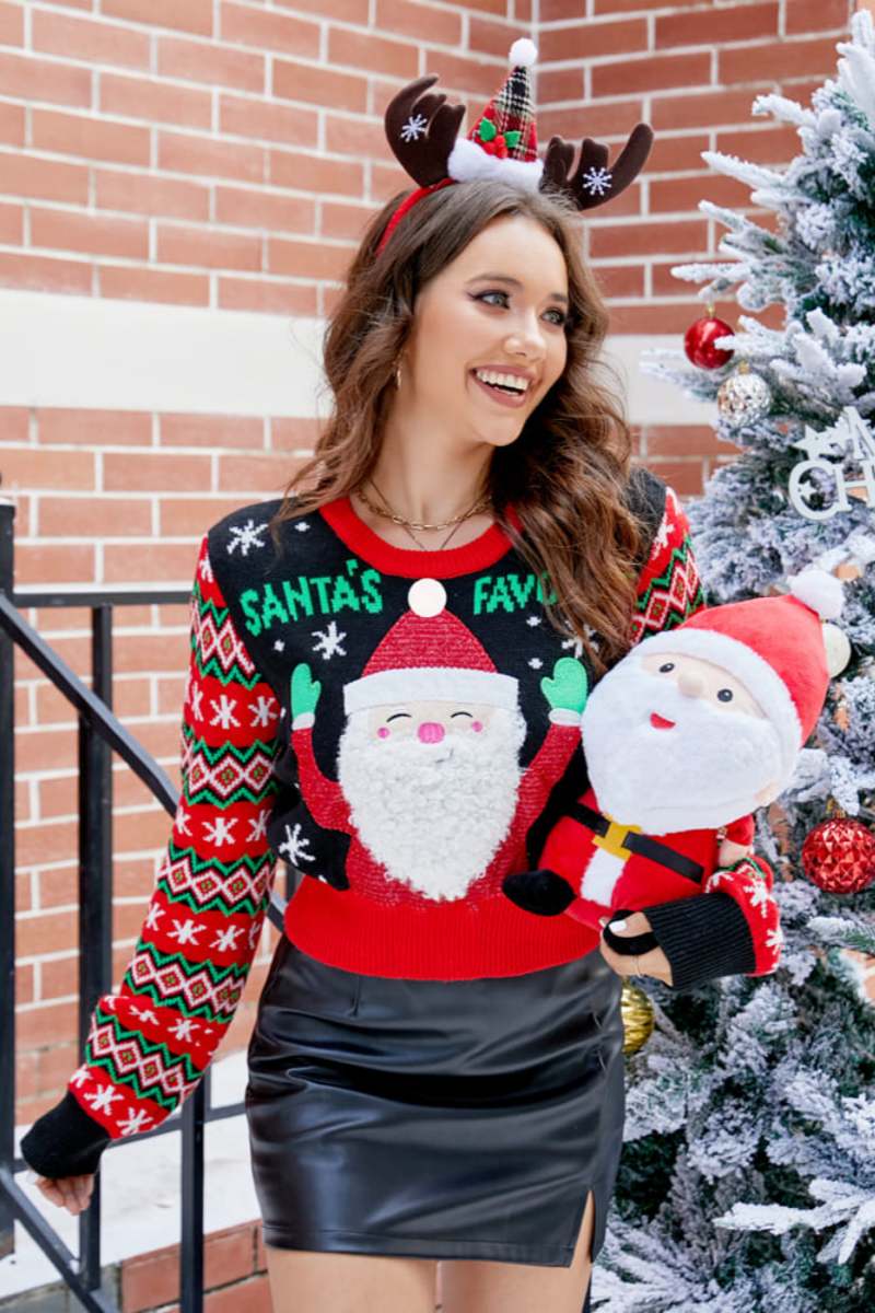 Pull décontracté en tricot à col rond et motif Père Noël brodé 