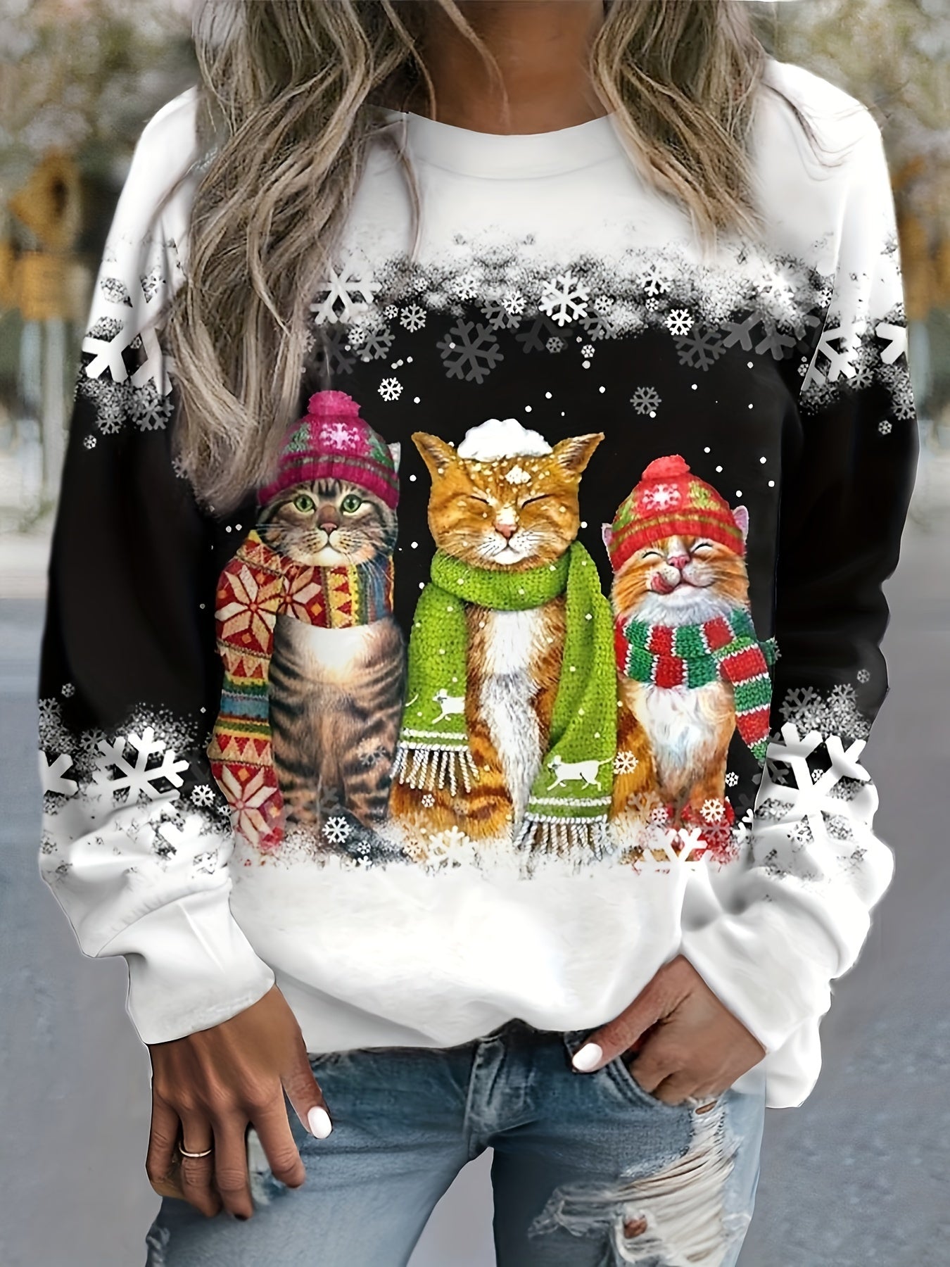 Kamilla™ - Pull avec imprimé chat des neiges