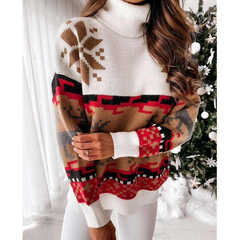Pull tricoté avec motif renne et flocon de neige brodé 
