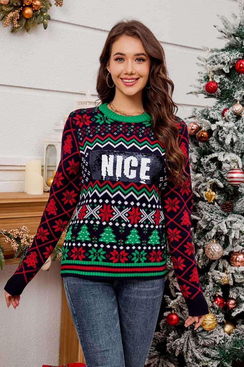 Pull de Noël en tricot jacquard brodé de paillettes