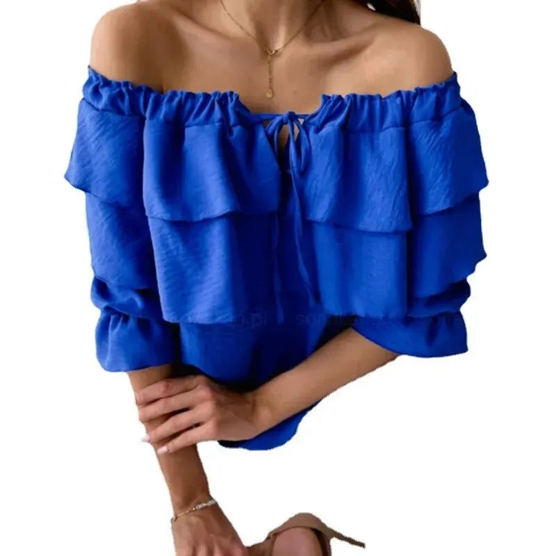 Bellachicha - Damen Bluse aus lockerem Chiffon mit Schulterfreiheit und Volantkante, elastischem Schultergurt