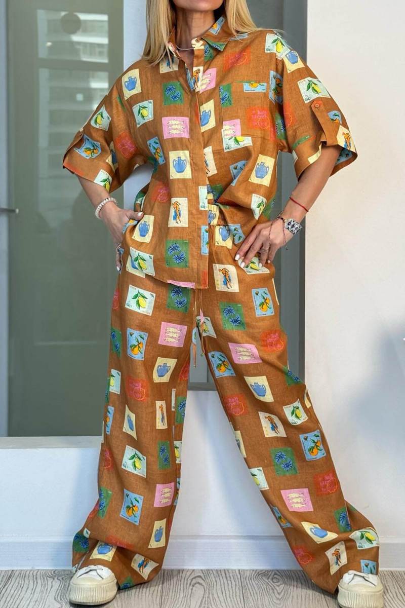 Ensemble pantalon ample à jambes larges avec imprimé floral botanique ethnique