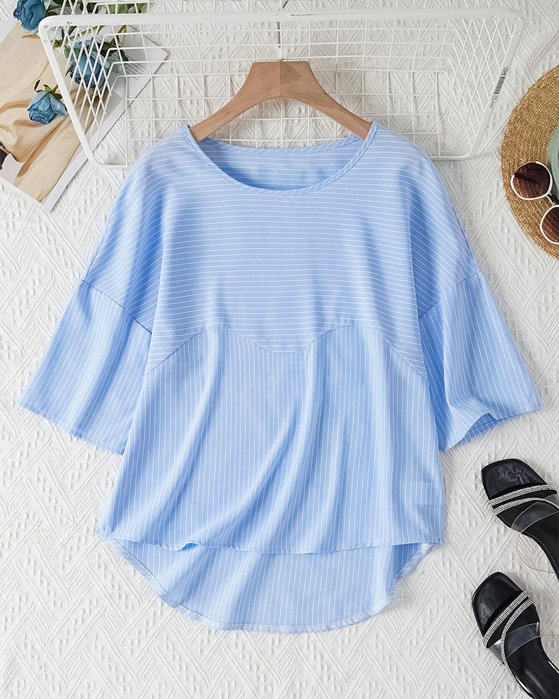 Bellachicha - Lässige, gestreifte Bluse mit lockerer Passform und Knopfleiste für Damen | Gestreifte Bluse mit Rundhalsausschnitt und halblangen Ärmeln