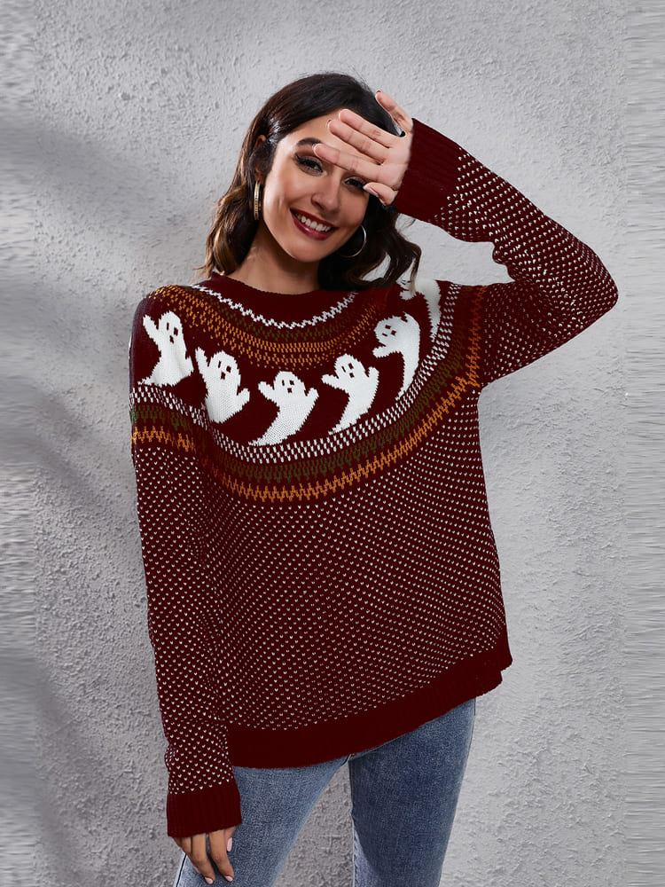 Pull col rond tricoté avec motif fantôme rétro littéraire 