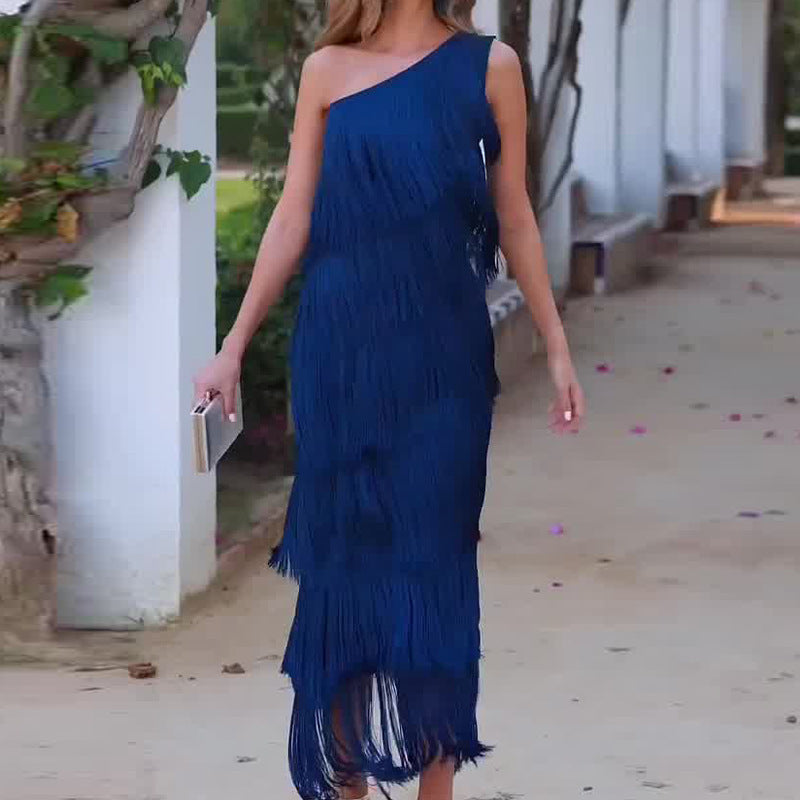 Robe midi asymétrique à franges Valeria Stido