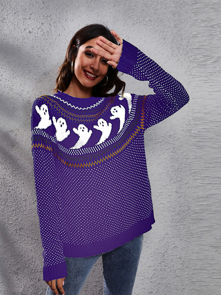 Pull col rond tricoté avec motif fantôme rétro littéraire 