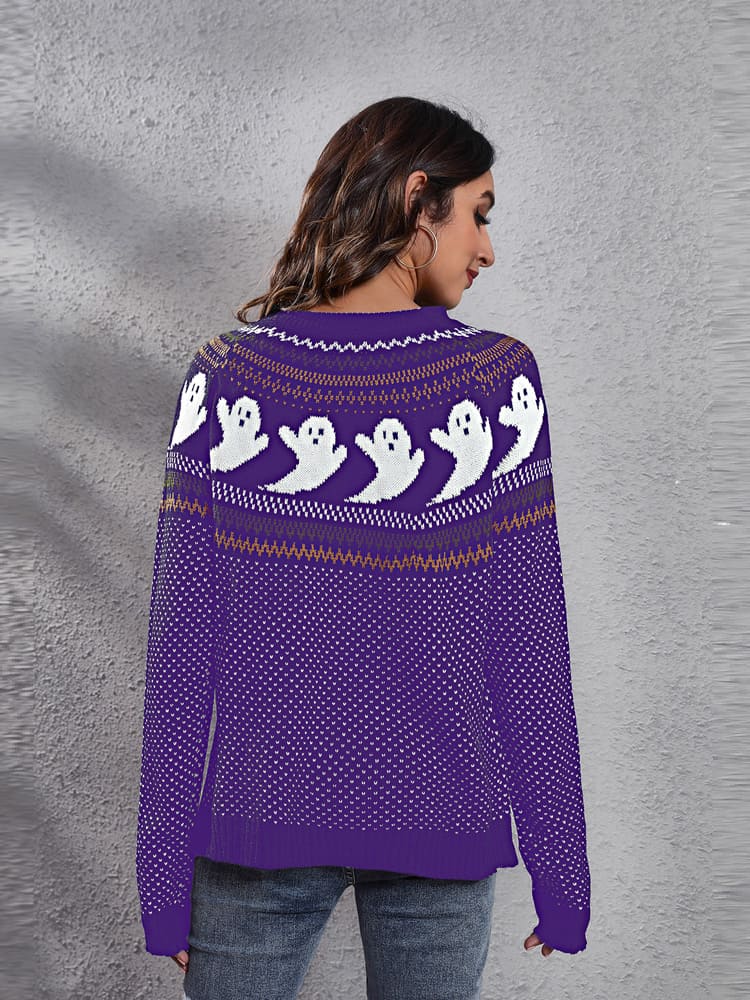 Pull col rond tricoté avec motif fantôme rétro littéraire 